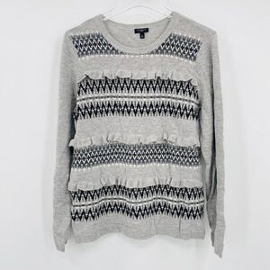 Talbots Petites Size Large Gray Fair Aisle Ruffled Lambswool Crewneck Sweater